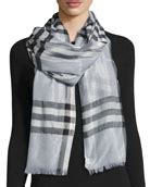 Burberry Metallic Gauze Giant Check Scarf, Blue 